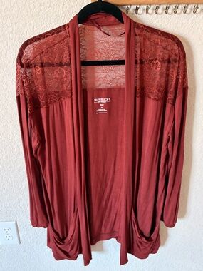 torrid Lace Yoke Open-Front Knit Top - Rust